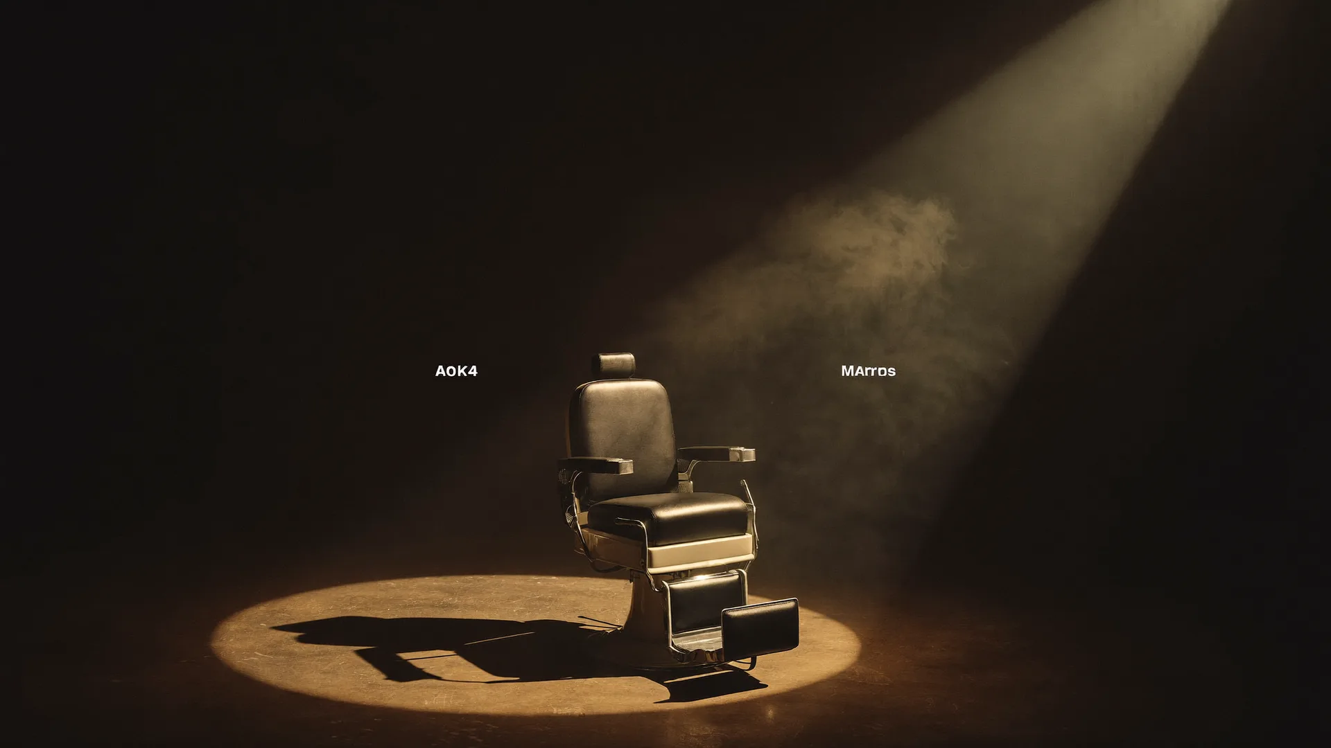 Leerer Barbershop bei Nacht — ein einzelner Lichtspot auf dem Barber-Stuhl, tiefe Schatten