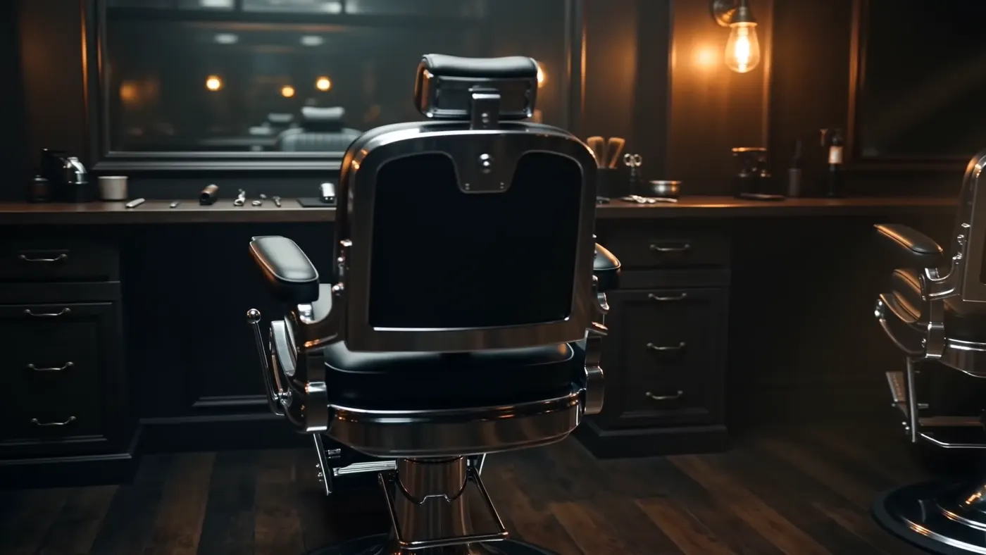 Dunkles Barbershop-Interieur mit Leder-Stuhl, Spiegel und warmem Licht