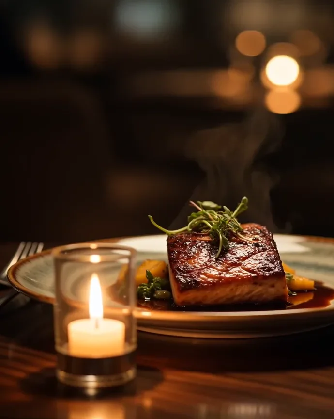 Kerzenlicht vor einem angerichteten Gericht — warme, ruhige Restaurant-Atmosphäre