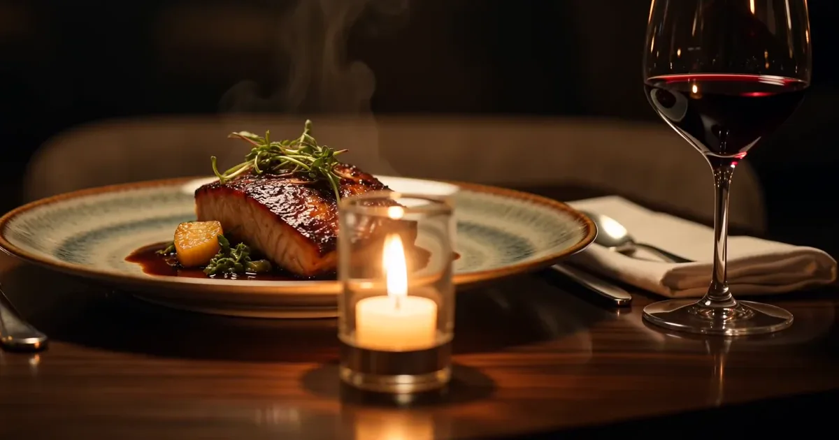 Signature-Gericht mit Microgreens, Jus und Kerzenlicht auf handgefertigtem Teller