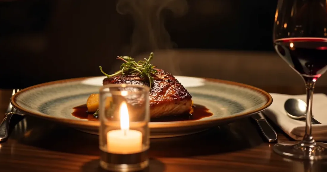 Gedeckter Tisch mit Gericht, Kerze und Wein in dunkler, warmer Restaurant-Atmosphäre
