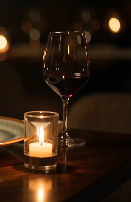 Glas Rotwein und Kerze im warmen Licht der Abendstimmung
