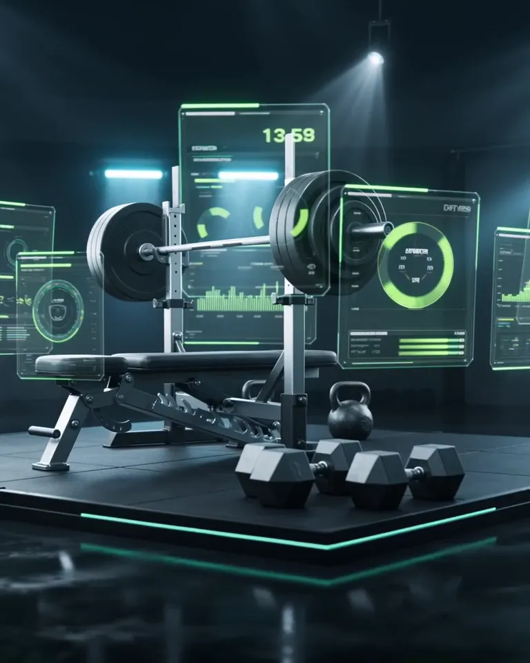 Langhantel und Kettlebells auf der Trainingsplattform — Stahl, schwarzer Gummiboden und Performance-Licht