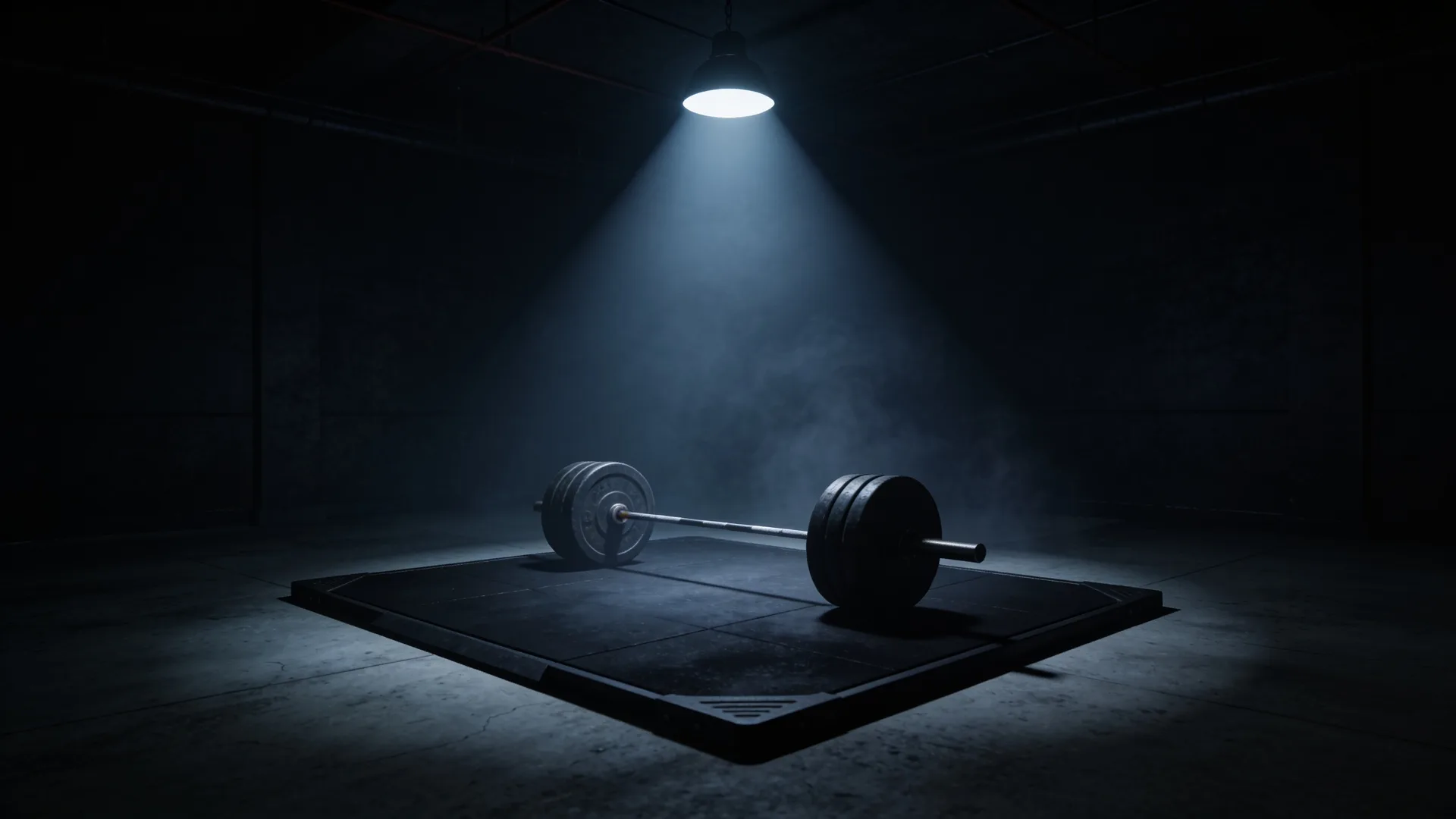 Leere dunkle Trainingsfläche mit einzelnem Lichtkegel über der Hebeplattform