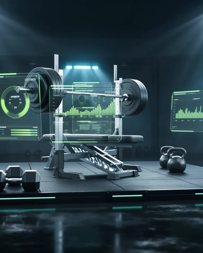 Kurzhanteln, Kettlebells und Trainingsbank — Stahl und schwarzer Gummiboden