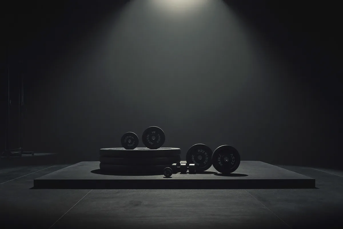 Hebeplattform mit Bumper Plates unter dramatischem Deckenlicht