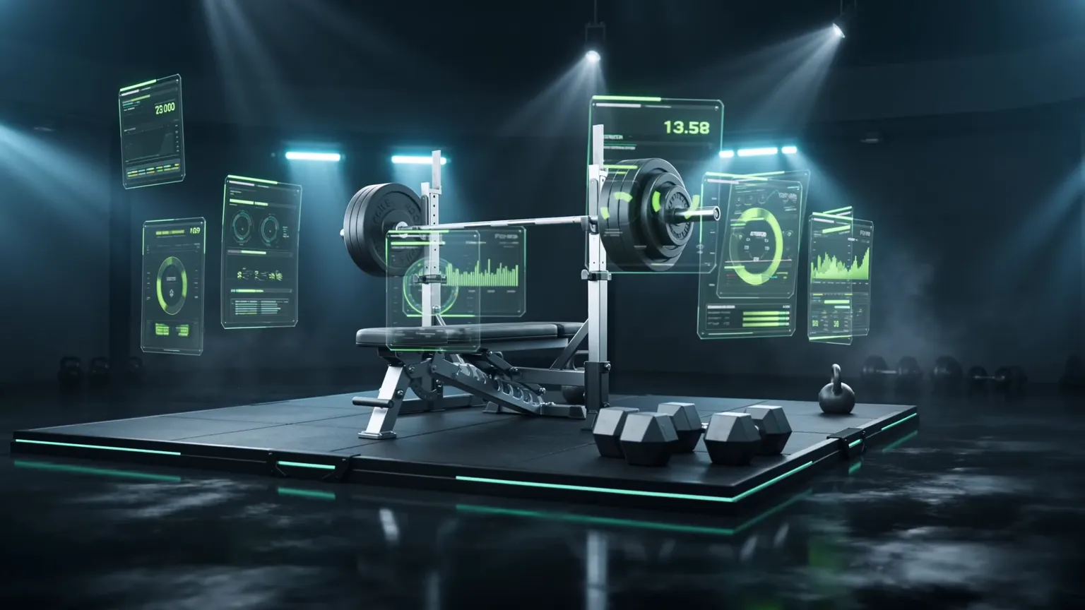 Beladene Langhantel auf der Trainingsplattform im dunklen Studio mit Performance-Licht