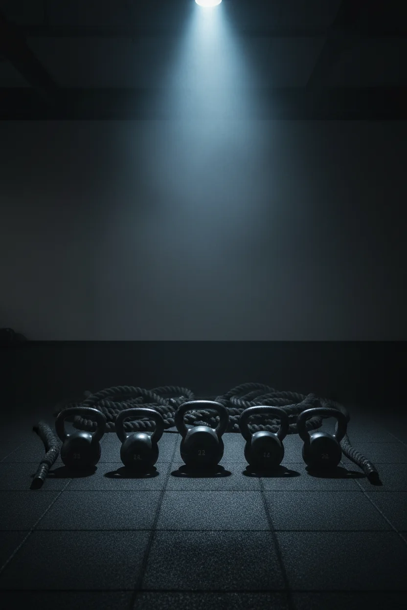 Kettlebells und Battle Ropes auf schwarzem Gummiboden im stimmungsvollen Dunst