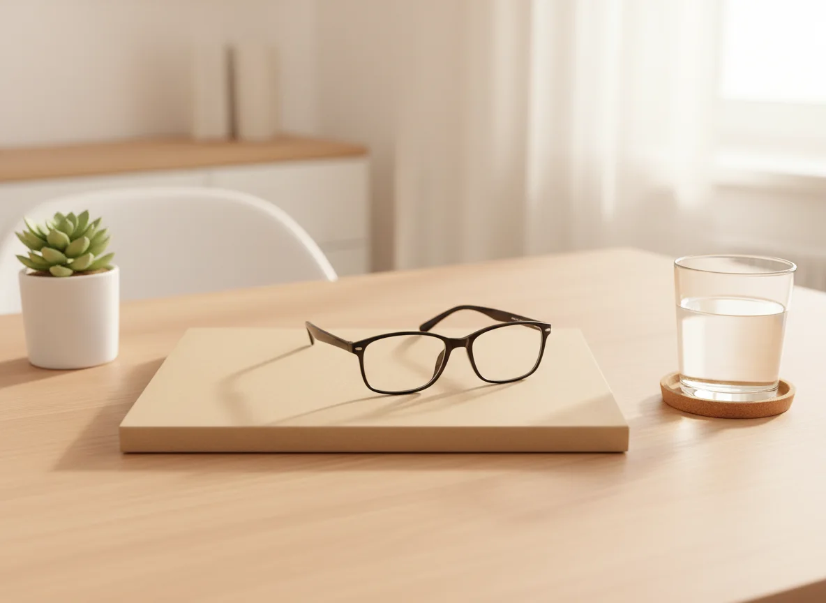 Patientenmappe, Tablet und Brille auf einem Schreibtisch in warmem Licht