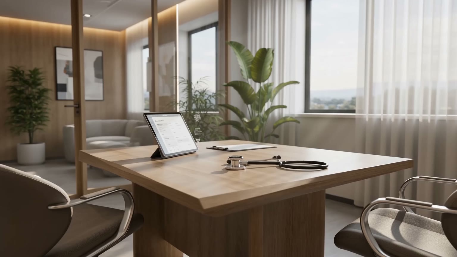 PRAXIS LINDENHOF — helles, modernes Sprechzimmer mit Schreibtisch, Stethoskop, Tablet und warmem Tageslicht