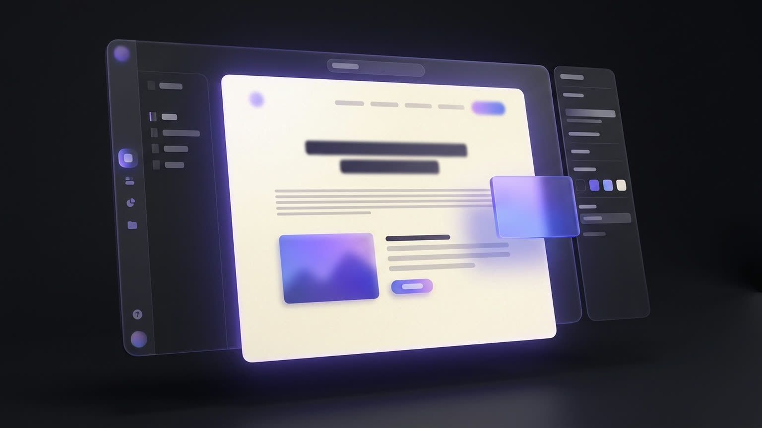 EDITORA CMS — schwebende Glas-Panels eines Content-Editors mit Seitenbaum und Medienkarten, dezentes indigofarbenes UI-Licht im dunklen Studio