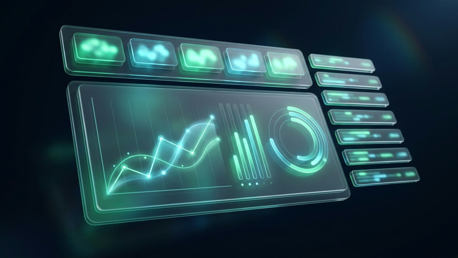 CAPITAL 9 — schwebende Dashboard-Panels mit KPI-Karten, Chart-Linie und Donut-Diagramm, dezentes smaragdgrünes UI-Licht im dunklen Navy-Studio