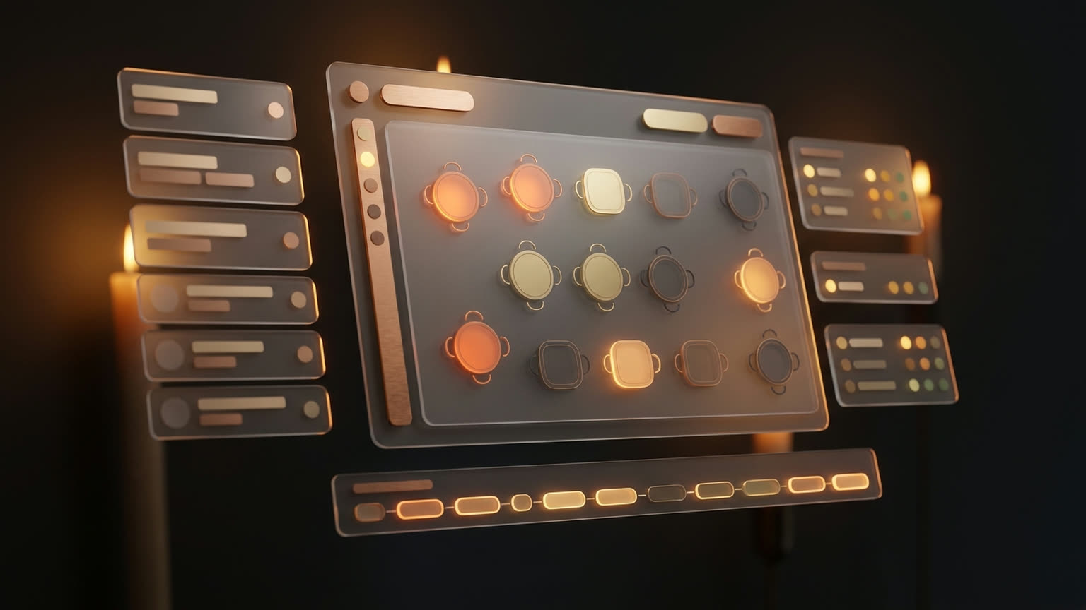 TABELSOFT — schwebende Glas-Panels eines Restaurant-Dashboards mit Tischplan, Reservierungskarten und Menüstatus, dezentes kupferfarbenes UI-Licht im warmen Espresso-Studio