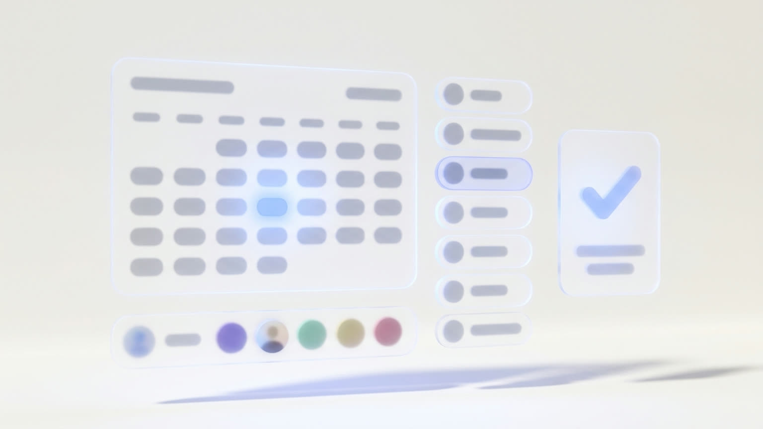 APPOINTO — schwebende Booking-Panels mit Kalenderraster, Zeit-Slots, Team-Karten und Bestätigungs-Panel, dezentes blaues UI-Licht im dunklen Graphit-Studio